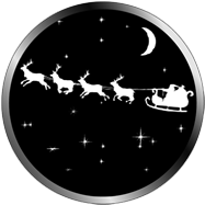 Slitta di Babbo Natale trainata dalle renne su cielo notturno stellato con falce di luna, gobo natalizio in bianco e nero 